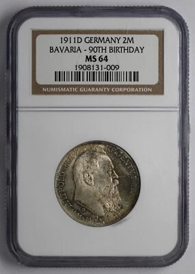 1911 D Germany Silver 2 Mark Bavaria 90th Birthday NGC MS 64 - Image 1 of 4