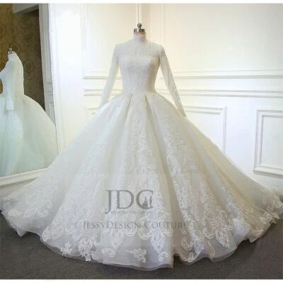 Muslim Korsage Brautkleid Ballkleid Spitze Langarm Schnürt Ivory Lange Schleppe - Bild 1 von 4