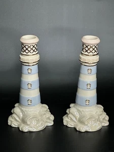 Pair Vintage 2003 Lenox Seaside Lighthouse Candlesticks 7" - Picture 1 of 7