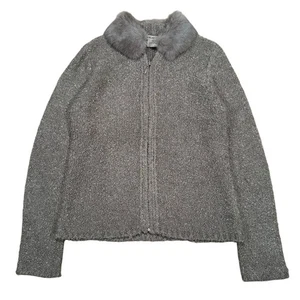 Vintage 90er grau Bouclé Strick Pullover Jacke Kunstfellkragen Reißverschluss vorne Damen M - Bild 1 von 6