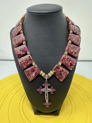 Sterling Silver Cross Pendant Ruby Gold Pressed Jade Ladder Choker Necklace 131g - Image 1 of 4