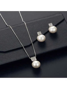 Square Cubic Zirconia & Imitation Faux Pearl Pendant Jewelry Set Necklace And - Picture 1 of 3