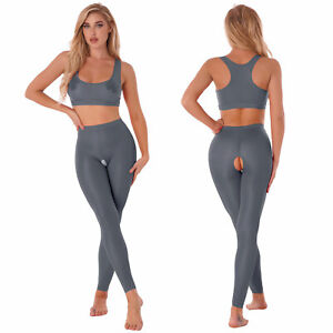 Women See Through Yoga Workout Racer Back Crop Top with Crotchless Pants Outfits