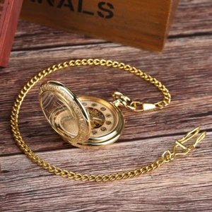 Mens Mechanical Pocket Watch Gold See Through Hand-winding Chain Luxury Watches - Picture 1 of 9