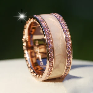 New Authentic 925 Sterling Silver Sparkling Rose Gold Enamel Ring - Picture 1 of 5