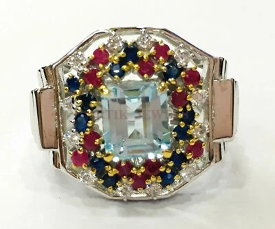 Natural Blue Topaz Gemstone with 925 Sterling Silver Ring for Men's AJ340 - Image 1 of 4