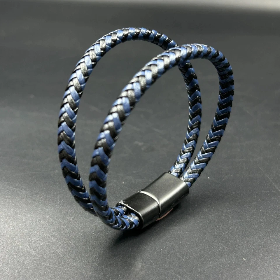 Pulsera pulsera trenzada de cuero azul negro para hombre acabado oro negro 14K Foto 1 de 4