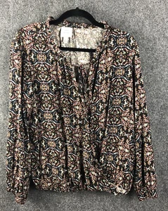 Knox Rose Wrap Top Women’s L Ruffle Tie Neck Boho Long Sleeve Printed - Picture 1 of 10