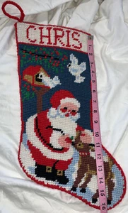 Vintage Needlepoint Christmas Stocking Santa Personalized Chris Christopher - Picture 1 of 8