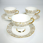 Lubern England Bone China Duos Teacups & Saucers X3 Gold & White Translucent