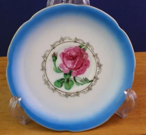 Castle China Blue Saucer Japan Pink Rose Flower Scalloped Gold Rim - Picture 1 of 2