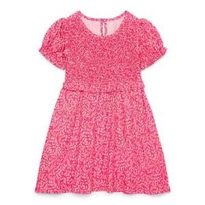 Wonder Nation Smocked Dress Girls 5T Pink Pullover Short Puff Sleeves Crew Neck - Picture 1 of 3
