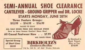 1954 Omaha Nebraska NE Birkholtz’s Zapatos Voladizos Venta Publicidad PC - Imagen 1 de 2