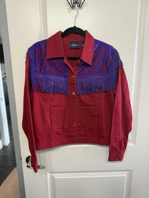 Vintage Bill Bass Women’s Red Denim Jacket. Purple Fringe. Size Medium - Image 1 of 4