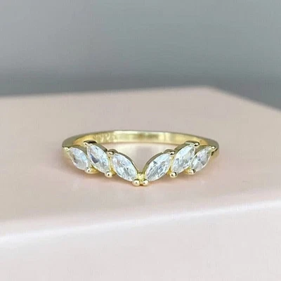 Marquise Cut Simulated Diamond Ring Yellow Gold Plated Women's Band Gift Jewelry - Image 1 of 4