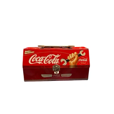 Vintage Coca Cola Brand Red Novelty Tin Tool Box with Wrench handle has a dent - Image 1 of 4