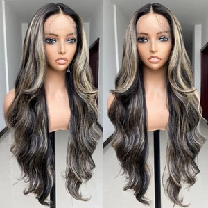 Brown Blonde Ombre Wig HD Front Lace Human Hair Blend Highlights Wavy Curly - Picture 1 of 4