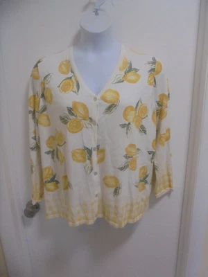 Foxcroft Womens White Lemons Long Sleeves V-Neck Button Down Sweater Size 1X - Image 1 of 4