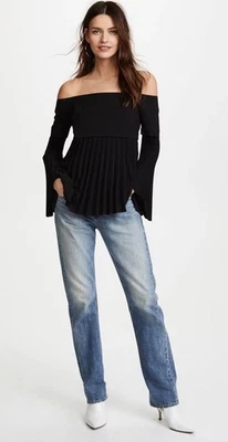 A.L.C. Black Serena Off The Shoulder Crepe Top Accordion Pleat Size 14 - Image 1 of 4