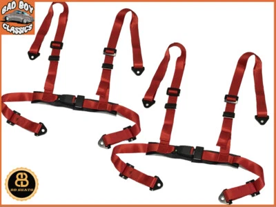 BB SEATS Pair Racing Bucket Car Seat Belt Harnesses 4 Point RED Centre Buckle 2" Straps