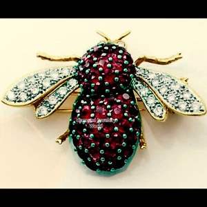Stunning 1.08ctw Rose Cut Diamond Ruby Studded Silver Vintage Bee Brooch Jewelry - Picture 1 of 1