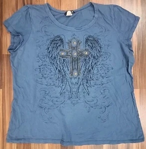 Blue Vintage Y2K Cotty On Studded Cross Angel Wing 2XL - Picture 1 of 7