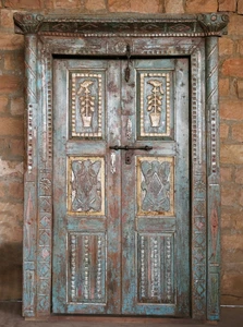 Blue 19c Indian Haveli Doors Natural Wood Architectural Mediterranean Decor