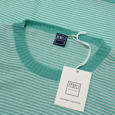 Suéter Pullover Fedeli Nuevo con Etiquetas Talla 56 US XXL Verde Azulado y Rayas Blancas 100% Cachemira Foto 1 de 4