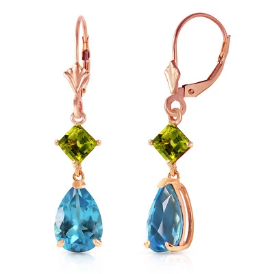 4.5 Carat 14K Solid Rose Gold Leverback Earrings Peridot Blue Topaz - Image 1 of 4