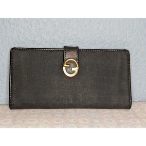 Gucci Black GG Logo Long Wallet Unisex Authentic Leather and Canvas Vintage - Picture 1 of 18