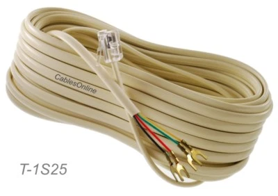 Cable de teléfono beige enchufe a 4 orejetas de pala RJ11 6P4C de 25 pies, cables en línea T-1S25 Foto 1 de 3