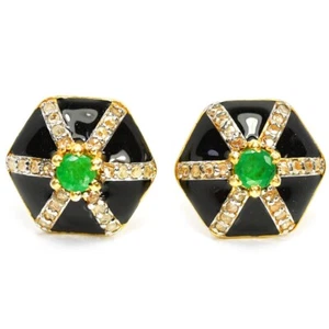 ORECCHINI A PERNO ARGENTO 925 VERDE SMERALDO PIETRA PREZIOSA ROTONDA SMALTO VINTAGE - Foto 1 di 6