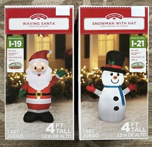 NEW (2) Holiday Time Waving Santa & Snowman with Hat 4ft Airblown Inflatables - Picture 1 of 7