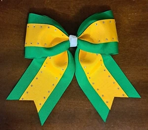 Green and Gold with Clear Rhinestone Hair Bow / Cheer Bows / Dance Bows - Picture 1 of 1