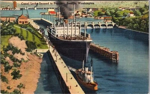 Seattle WA-Washington, esclusas de canal, vista aérea, postal vintage - Imagen 1 de 2