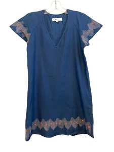 Corey Lynn Calter Anthropologie Linen Blend Shift Dress Size 0 Blue Embroidered - Picture 1 of 7