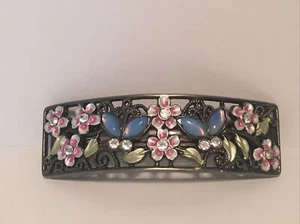 Hair Barrette Metal Scroll Enamel Flowers Butterflies Jewels Spring/Summer Theme - Picture 1 of 9