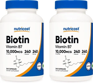 Nutricost Biotin (Vitamin B7) 10,000mcg (10mg), 240 Caps (2 Bottles) - Non-GMO, - Picture 1 of 11