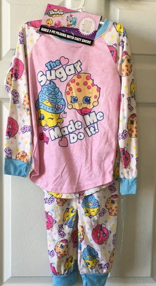 New Girl's Shopkins  2 Piece Pajamas With Cozy Socks, Size S - Image 1 of 1