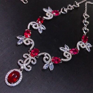 9CT Natural Red Ruby Created Diamond Women Wedding Necklace 14K White Gold Cover - Picture 1 of 7