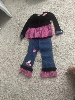 Niñas GREGGY GIRL Rosa Y Demin Pantalón Conjunto VELOUR Talla 5 ¡¡Demasiado Lindo!!! Foto 1 de 4