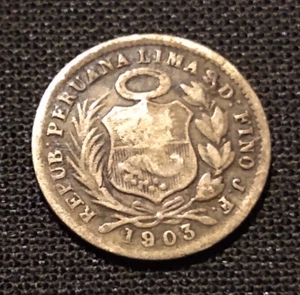 1903 jf peru 1/2 dinero seated liberty 1/20 sol peso half dime silver world coin - Picture 1 of 2