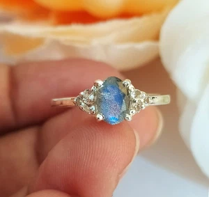 Flashy Labradorite Oval Cut Solitaire Ring 925 Sterling Silver Engagement Ring - Picture 1 of 7