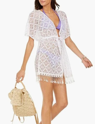 Miken Solid Crochet Fringe Tie-Front Kimono Swim Cover-up White Size XS - 8843 - Image 1 of 3