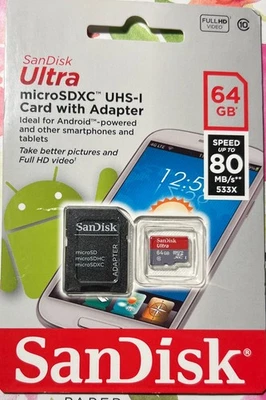 Cartão MicroSDXC SanDisk Ultra 64GB UHS-I com adaptador de até 80 MB/s-Novo - Imagem 1 de 2