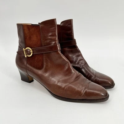 De Colección Años 90 Salvatore Ferragamo Botín Mujer 11 Marrón Cuero Gamuza Hebilla Italia Foto 1 de 4