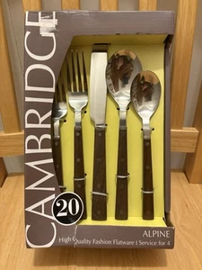 20pc Set Cambridge Stainless Flatware Brown Faux Wood Grain Handle Silverware - Picture 1 of 4