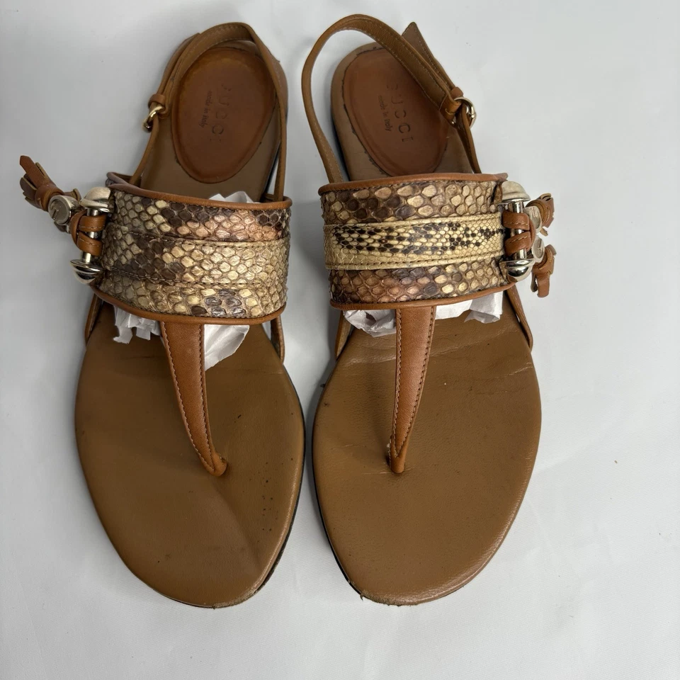 GUCCI Brown Leather GG Horsebit T-Bar Thong Sandals Size 36 - Image 1 of 4