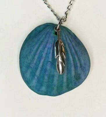 Blue Seashell Feather Charm Pendant Necklace Adjustable 18 inch Stainless Chain  - Image 1 of 4
