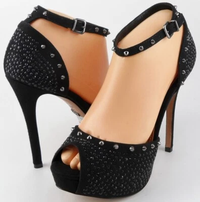 $225 SCHUTZ ALDA Black Suede Spikes Rhinestones Designer Ankle Strap Pumps 8 - Image 1 of 4